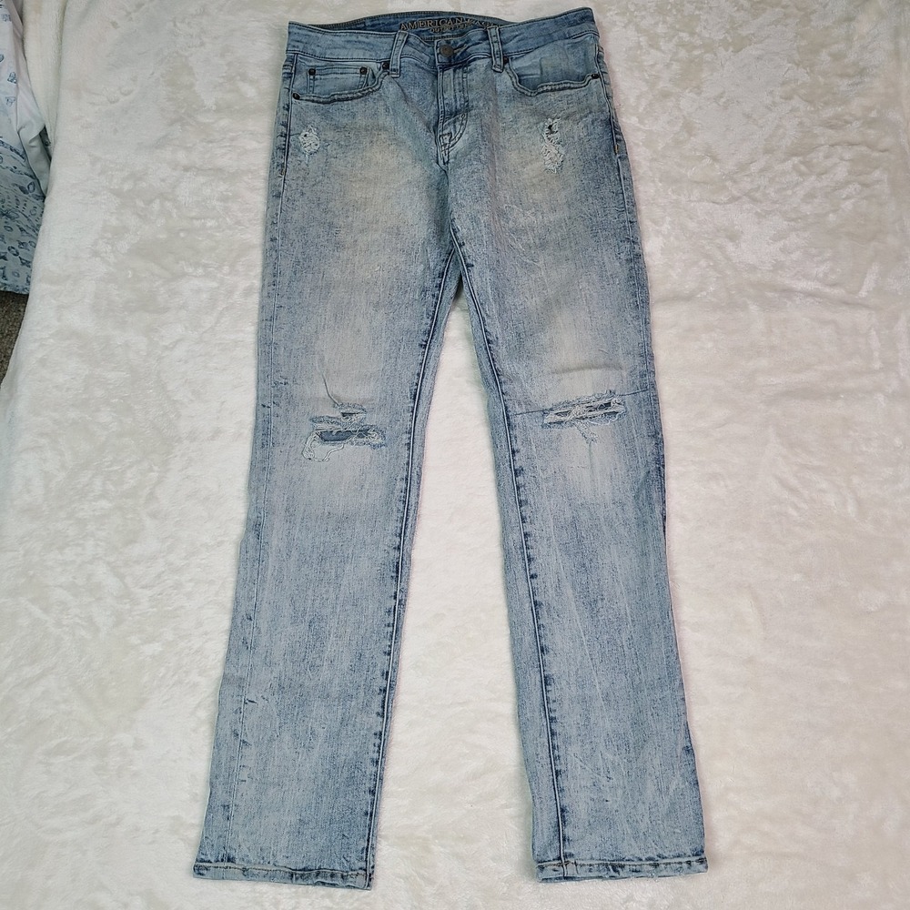 American Eagle Extreme Flex Distressed Mens Blue Jeans Size 31x32 Slim Acid Wash